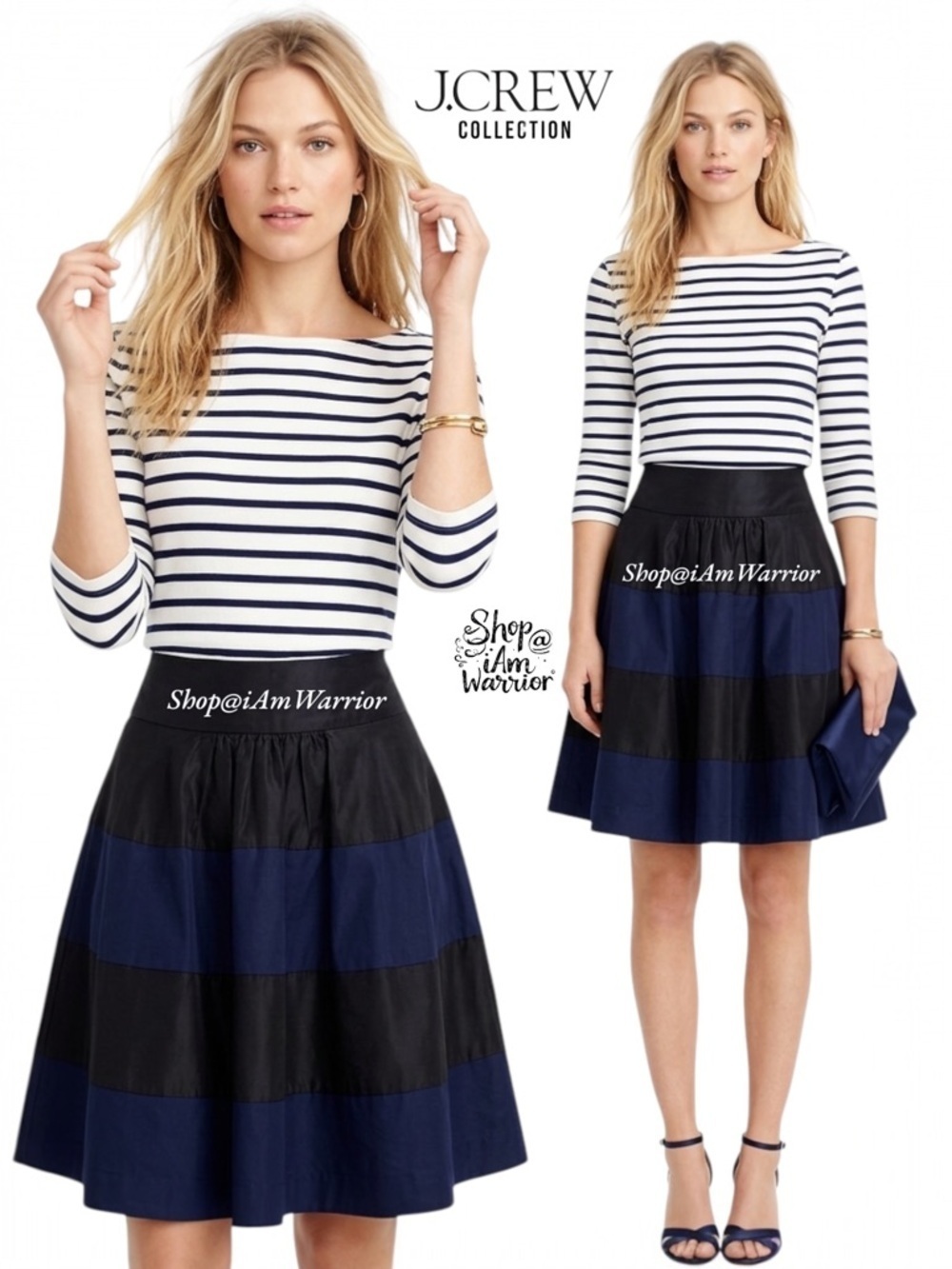 J.Crew Collection silk-cotton black & midnight navy striped rugby a-line skirt